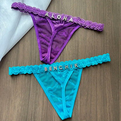 Personality Custom Name Crystal Letter Thong Lace Bikini Panties G-String Low Waist Briefs Body Jewelry