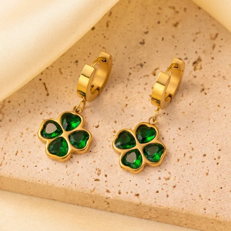 Trendy Green Clover Zircon Necklace Bracelet Earrings For Women Girls Gold Plated Waterproof Neck Chain 45 cm