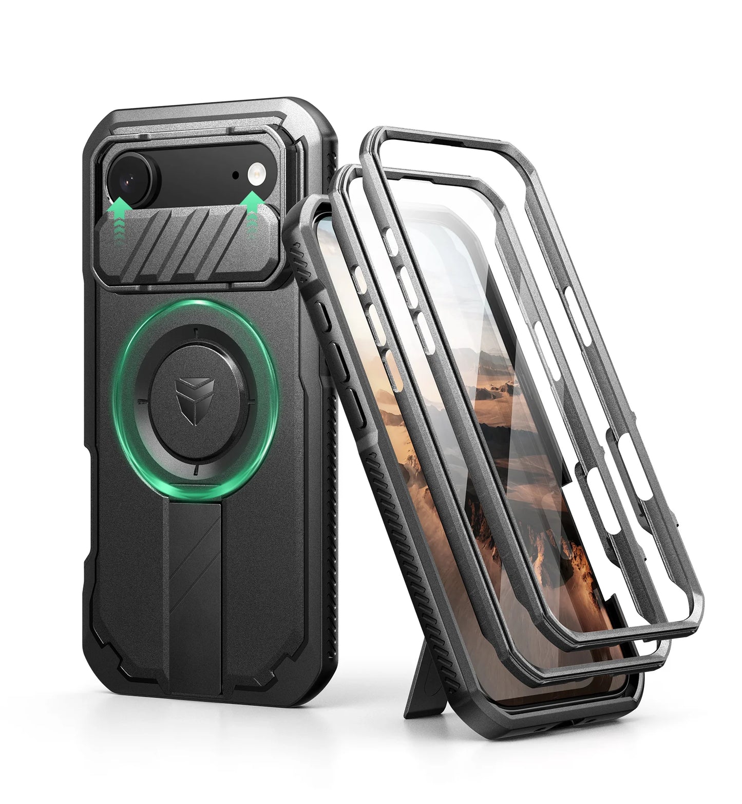 For iphone Air Case Rugged Armor Shockproof Case with Built-in Sliding Camera Cover and Built-in Screen Protector Kickstand