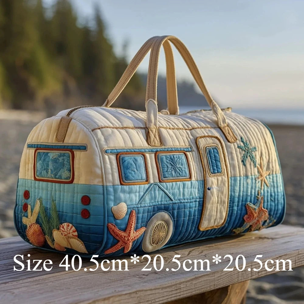 3D Printed Quilted Travel Handbag Camper Van Design with Sea Shell Starfish Lightweight Weekender Vacation Carry-On Duffel Bag