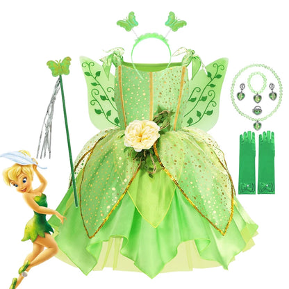 Girls Tinker Bell Costume Halloween Costume Green Fancy Dress Fairy Princess Cosplay Carnival Party Costume