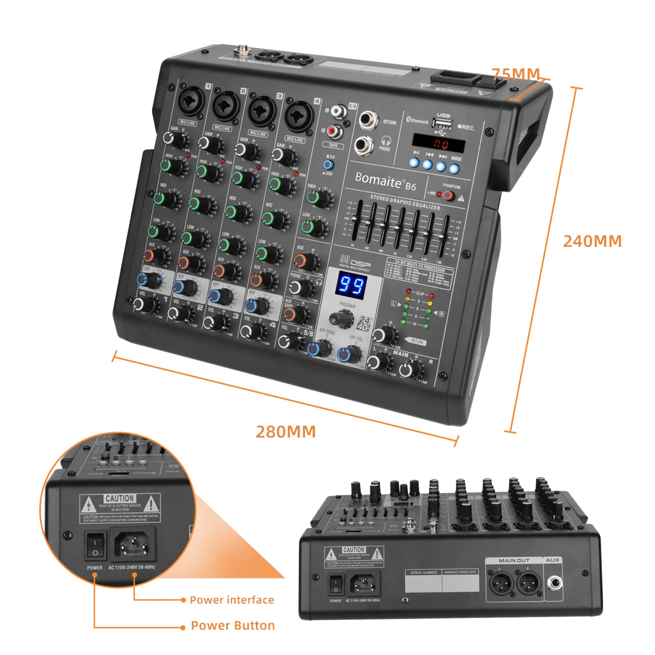 4 Channels Audio Mixer Depusheng B4 Sound Table Professional DJ Mixing Console Built in 99 DSP Digital Effects 48V Phantom Power