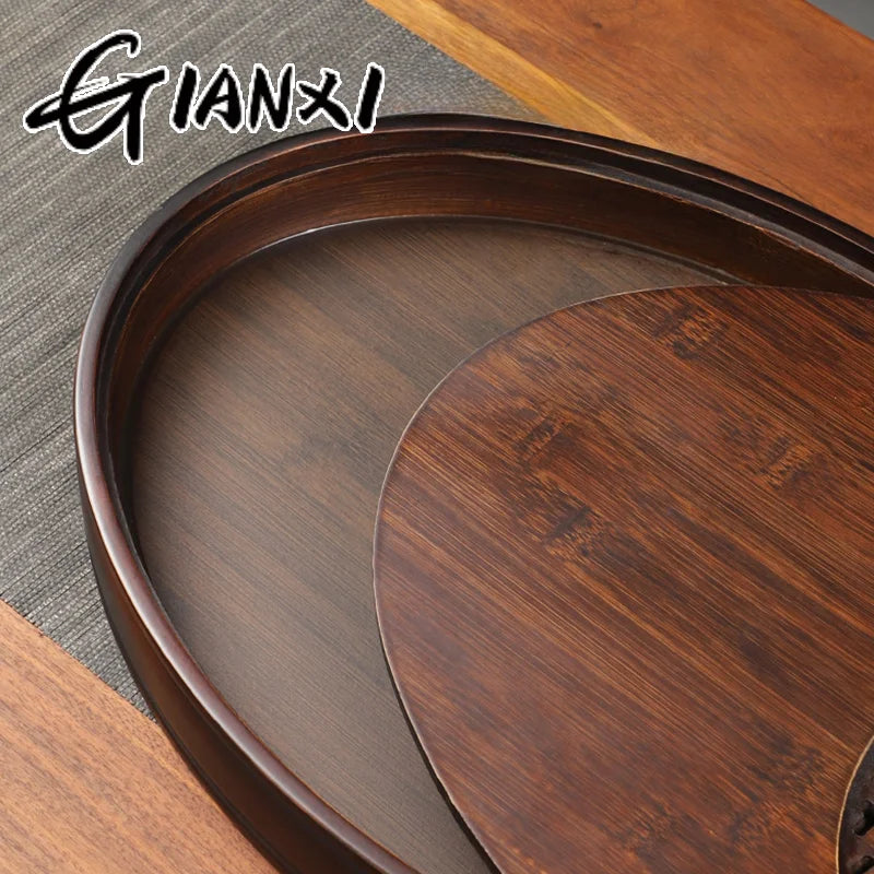 Chinese Tea Ceremony Culture Oval Tea Tray Natural Bamboo Hollow Drainage Storage Tea Tray Home Solid Wood Storage Tray