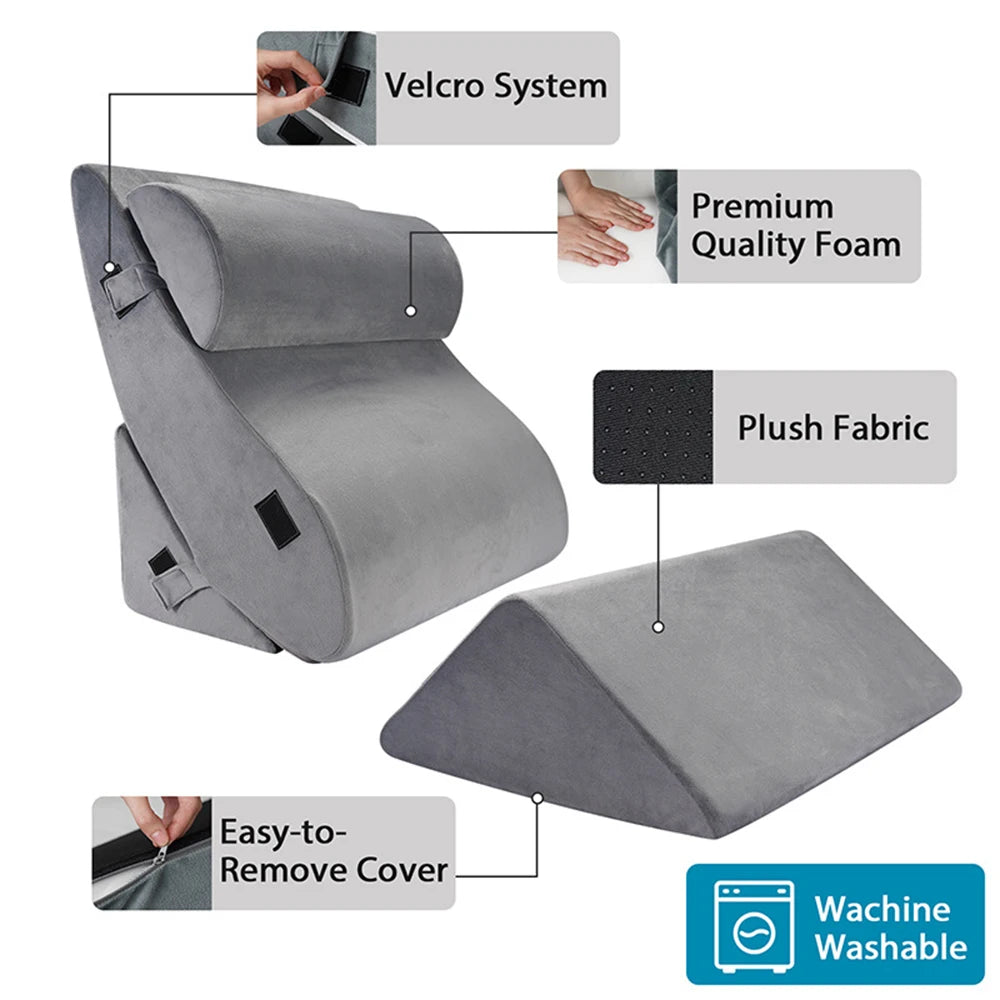 4 Piece Orthopedic Bed Wedge Pillow Set with Adjustable Wedge Sleep Pillow for Back, Neck and Leg Pain Relief Comfort