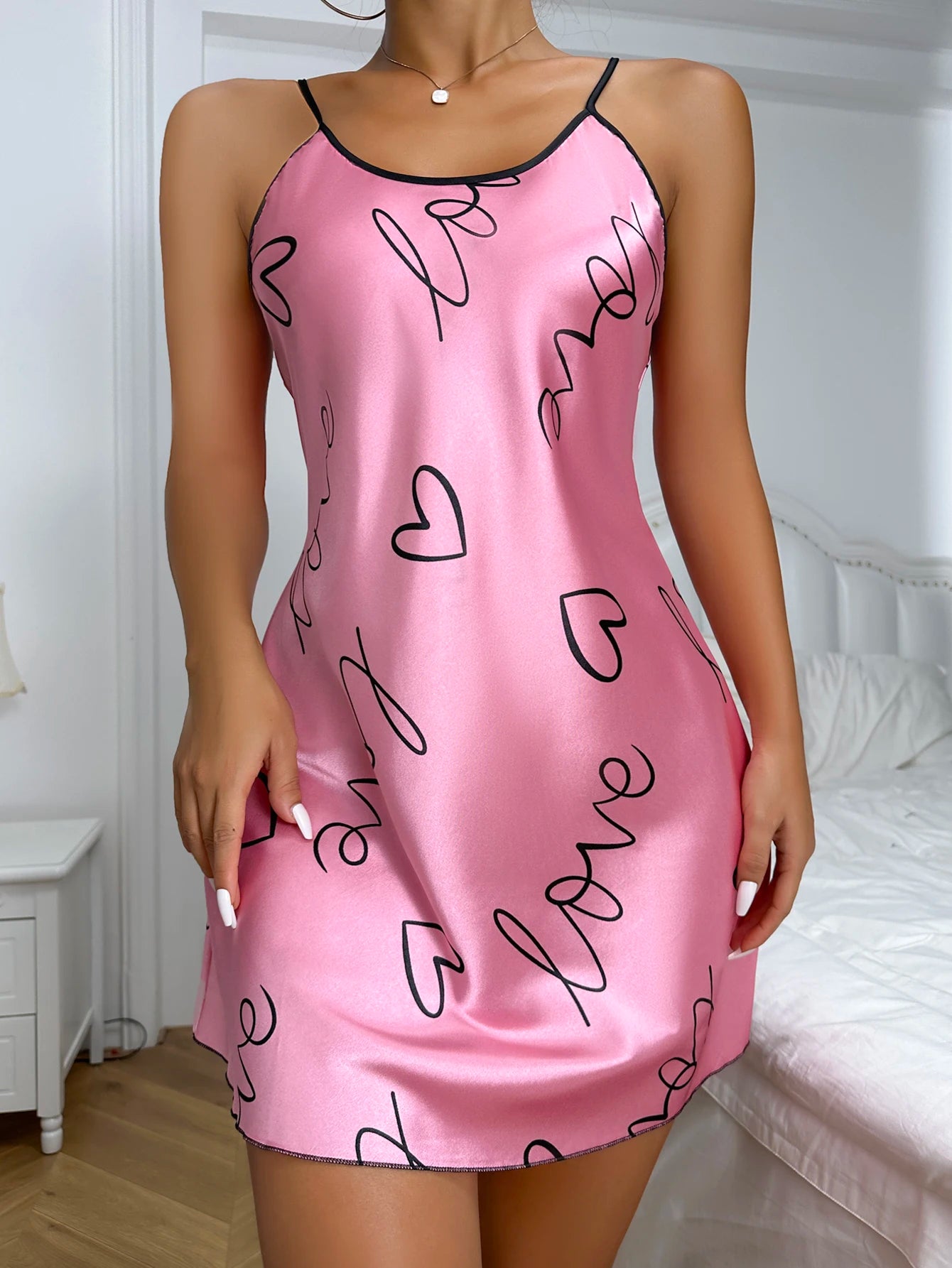 Heart Letter Print Nightdress  Casual Round Neck Spaghetti Strap Sleep Dress  Women's Sleepwear   Dresses