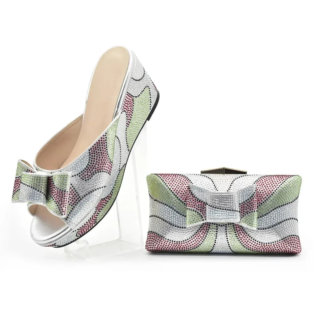 Design Italian Shoes and Bags Matching Set Decorate with Rhinestone Wedges Shoes for Women Luxury Round Toe Platform Shoes