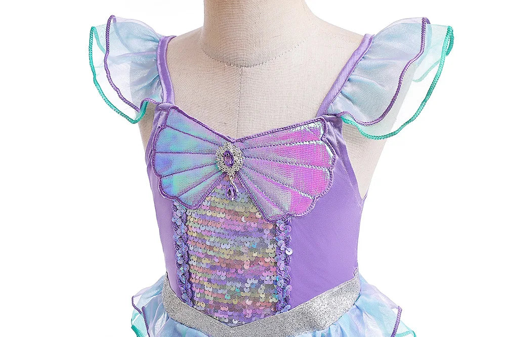 Mermaid Princess Dress for Girls - Summer flutter sleeves Sequin Tulle Dress Sparkling Ocean Themed Party Gown