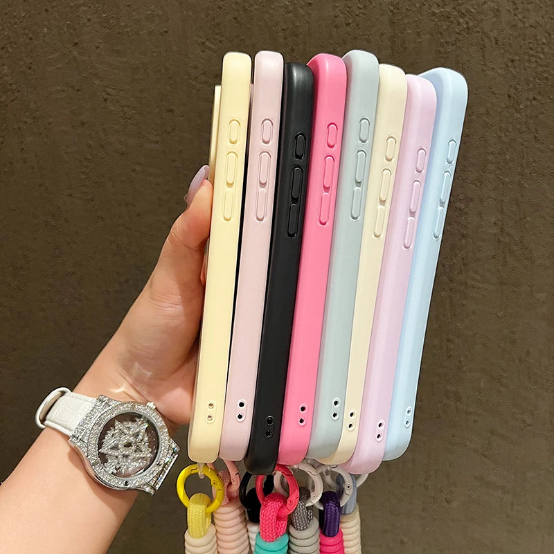 Dopamine-Inspired Silicone Solid Color Simple Phone Case for iPhone 17 16 Pro Max Air 16 Plus 15 14 With Lanyard Cover