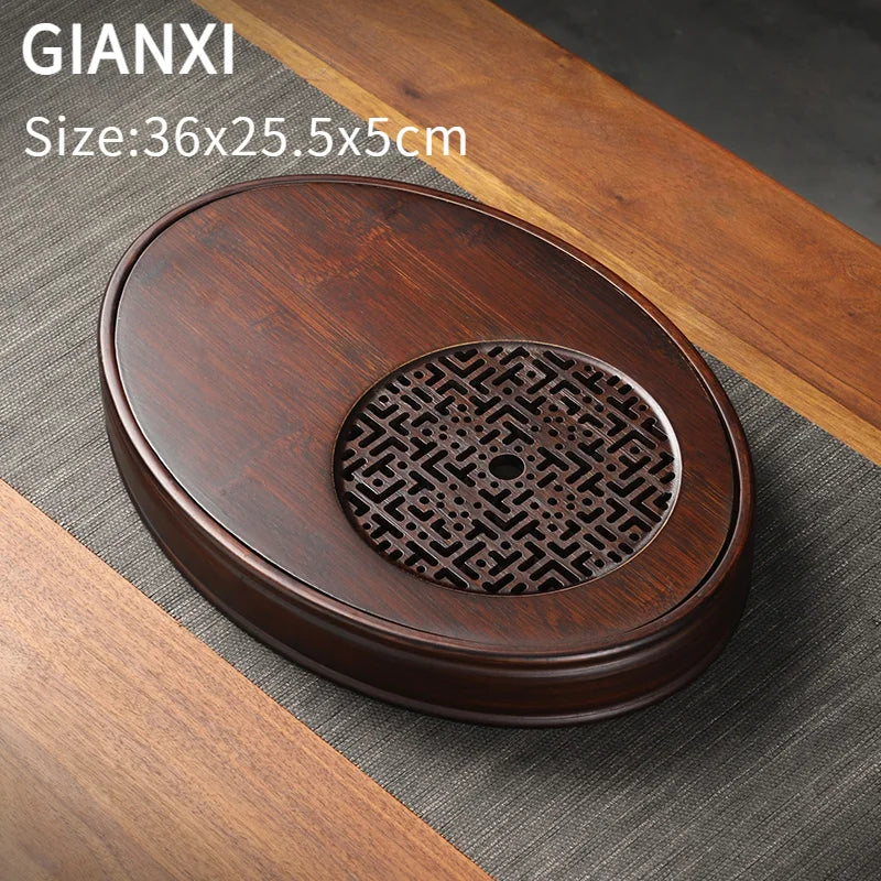 Chinese Tea Ceremony Culture Oval Tea Tray Natural Bamboo Hollow Drainage Storage Tea Tray Home Solid Wood Storage Tray
