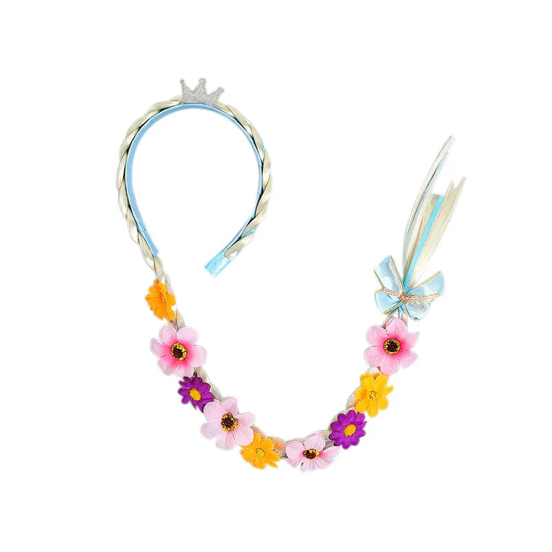Girls Pink Blue Purple Flower Weaving Braid Headband  Princess Dress Up Hair Accessories Aurora Elsa Sofia Rapunzel Wig