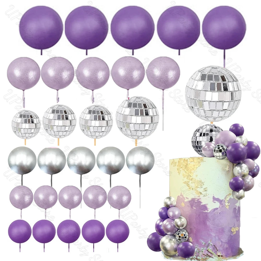 30Pcs Hot Pink Cake Balls Topper  Pink Silver Glitters Disco Balls Cake Toppers for Wedding Disco Birthday Cake Decor Supply