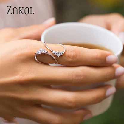 Cute Style White Color CZ Zirconia Leaf Open Rings Geometric Adjustable Ring