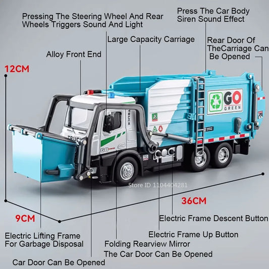 1:18 Electric Sanitation Garbage Truck Toy Cars Model Alloy Water Tanker Diecast Light Sound Vehicle 's Educational Toys