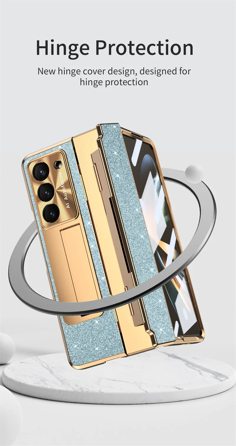 Luxury Flip Leather PC Integrated Phone Case For Samsung Galaxy Z Fold 3 4 5 6 Glitter Series With Holder Phone Protective Case