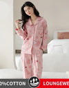 Women’s Winter 100% Cotton Pajama Set – Loose Fit, Turn-Down Collar, Long Sleeves, Cute Pink