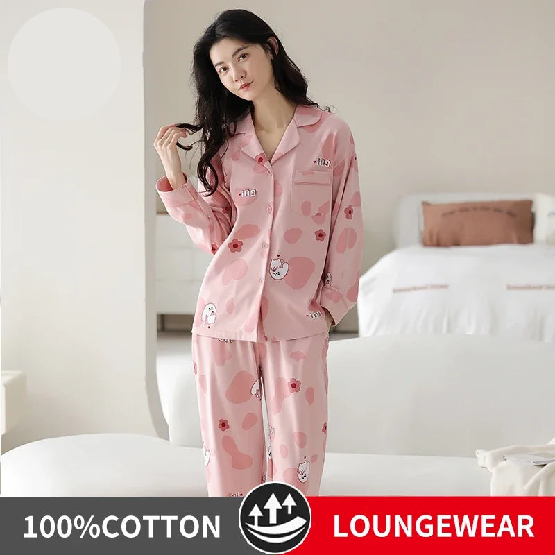 Women’s Winter 100% Cotton Pajama Set – Loose Fit, Turn-Down Collar, Long Sleeves, Cute Pink