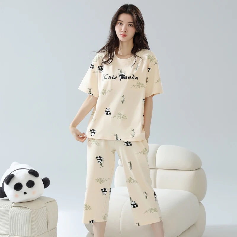 2-Pcs Women’s Cotton Pajama Set – Breathable Short Sleeve Summer Sleepwear with Cute Prints