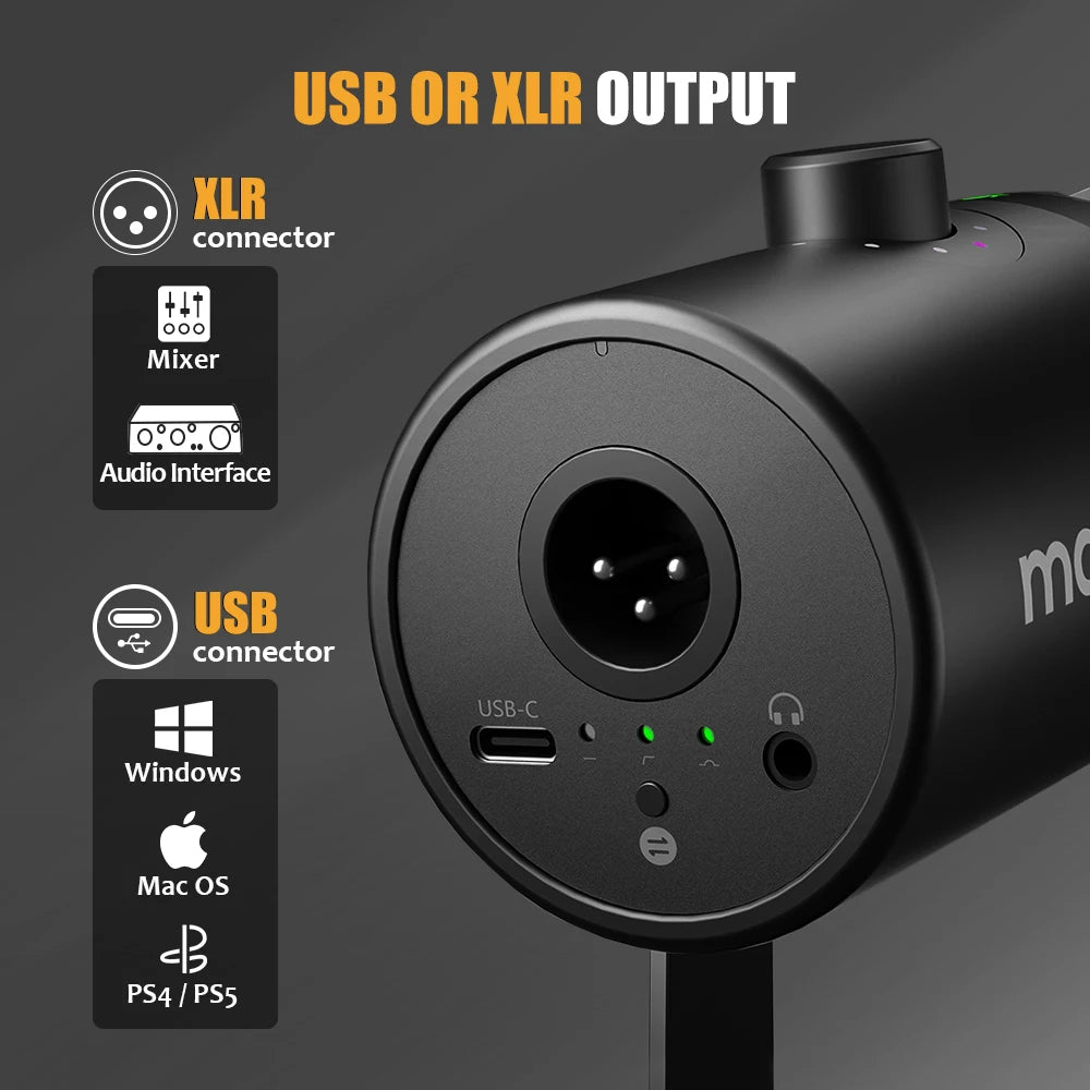 USB/XLR Dynamic Microphone All Metal With One-Touch Mute Headphone Jack And Volume Control For Podcasting Streaming PD400X