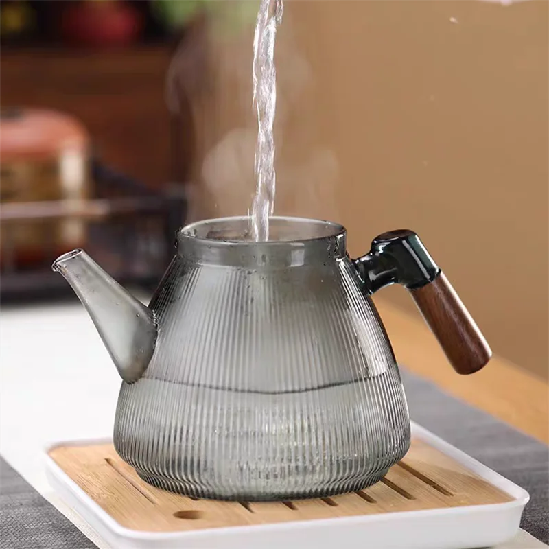Stripe High Borosilicate Glass Teapot with Walnut Handle