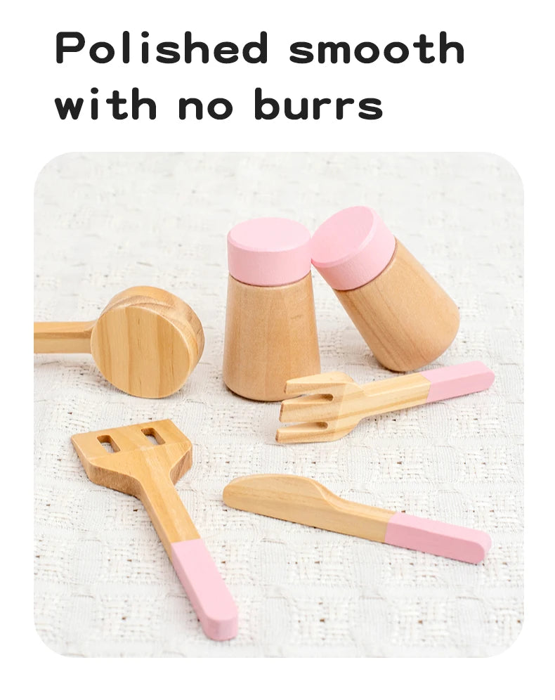 Wooden Pretend Play Kitchen Set with Pots Pans and Utensils