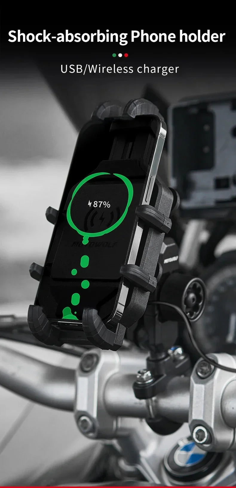 Anti-Thief Motorcycle Bike Mobile Phone Holder Fast 15W Wireless Charging Charger Cycling Mirror Stand Handlebar Mount