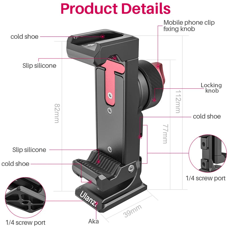 Metal Vertical Shooting Phone Mount Holder Clip with Cold Shoe for Rode Wireless Go Microphone Video Light Vlog