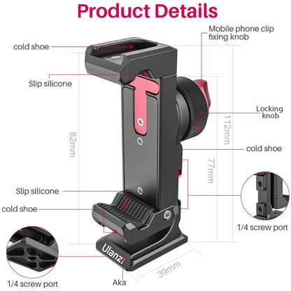 Metal Vertical Shooting Phone Mount Holder Clip with Cold Shoe for Rode Wireless Go Microphone Video Light Vlog