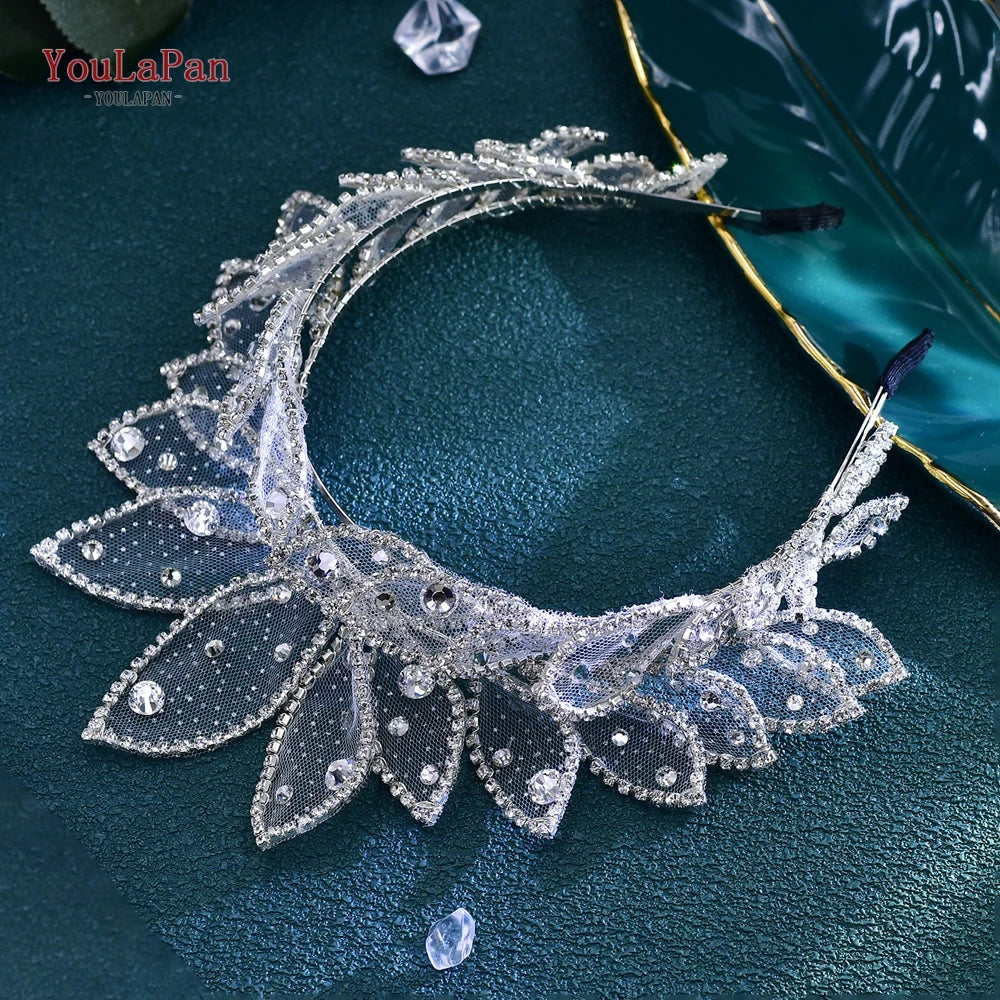 Bride Crown Headband Shiny Rhinestone Leaf Shape Wedding Crown Hair Hoop Ornaments Princess Party Hair Accessories