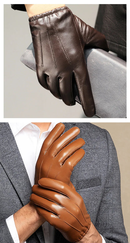 Men Business Sheepskin Leather Gloves Winter Full Finger Touch Screen Brown Gloves Riding Motorcycle Gloves