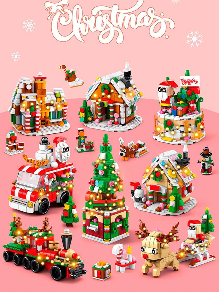 DIY 8in1 Lights Christmas Elk Deer Santa Claus Train Architecture Store Street View Xmas Tree Snow House Building Block Kit Toy