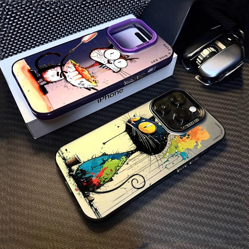 Personalized graffiti Cartoon Cat Phone Case For iPhone 15 16 Pro Max 14 Lens protect plating Cover