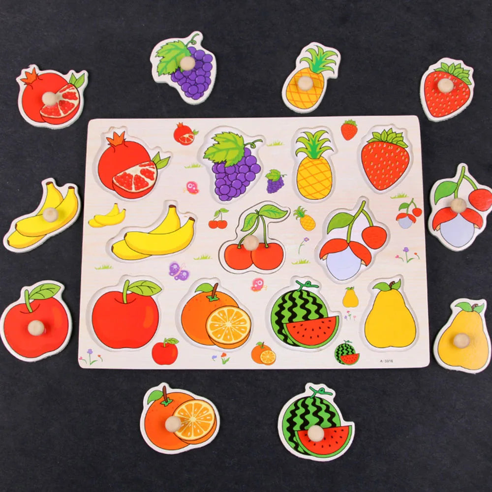 Montessori Wooden Puzzles Hand Grab Boards Toys Tangram Jigsaw  Educational Toys Cartoon Vehicle Animals Fruits 3D Puzzles