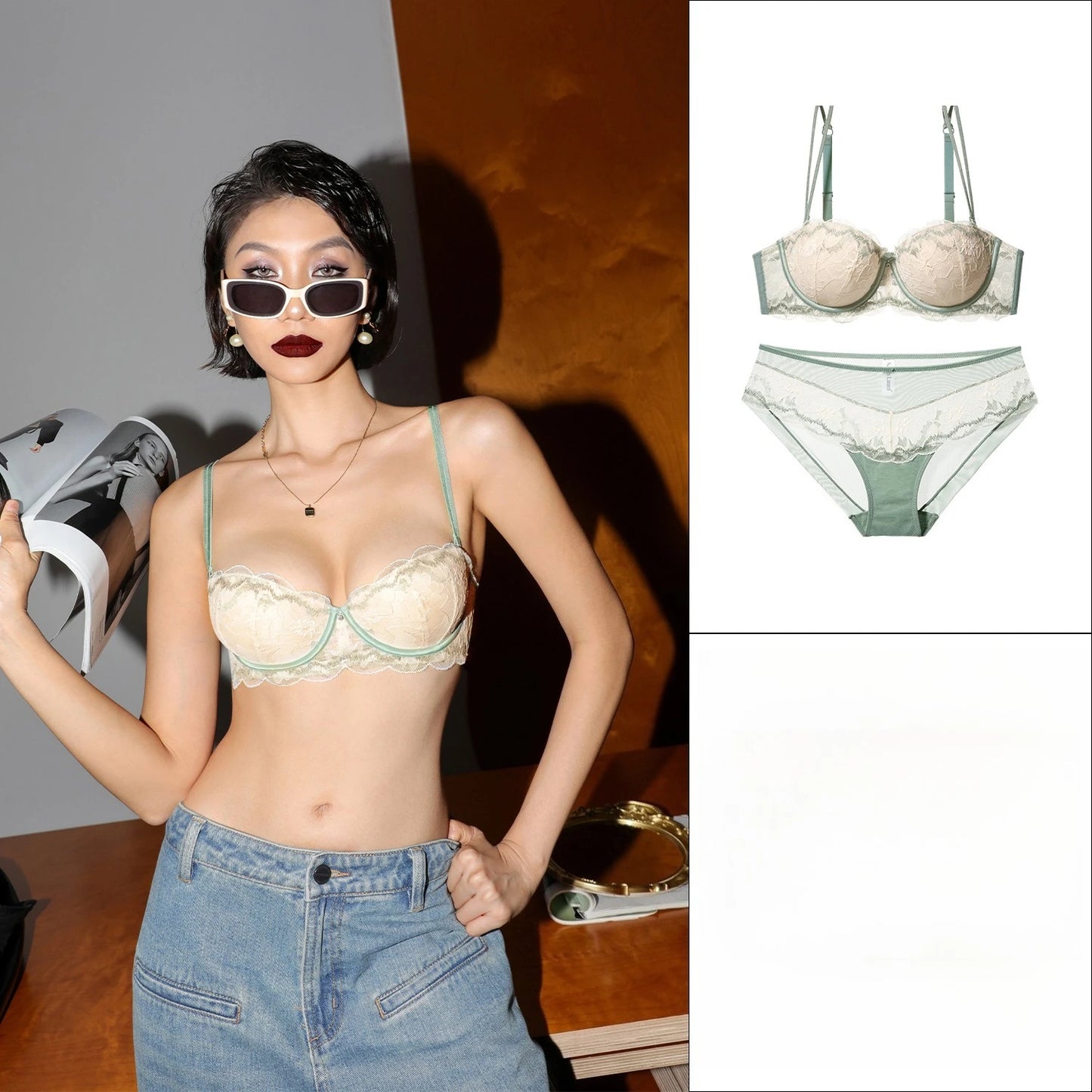 Womens Lace Underwire Minimizer Bra and Brief Set
