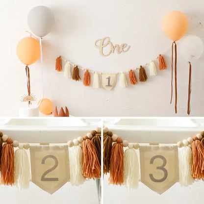 Let’s Make Baby Happy Birthday Party 1-3 Years Old Tassel Banner Newborn Milestone Photography Props For Kids Party Decoration