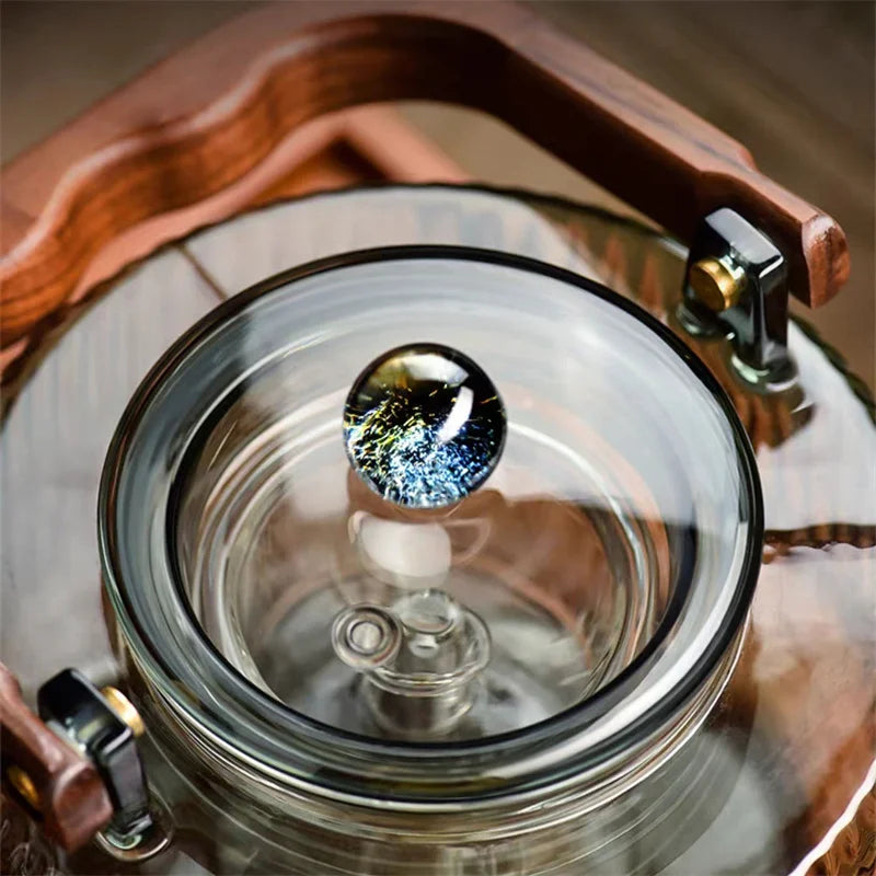 Large Capacity 1200ml Vertical Stripe Pattern Glass Tea Pot Kungfu Tea Set Wooden Beam Tea Kettle Brewing Puer Teapot Teaware