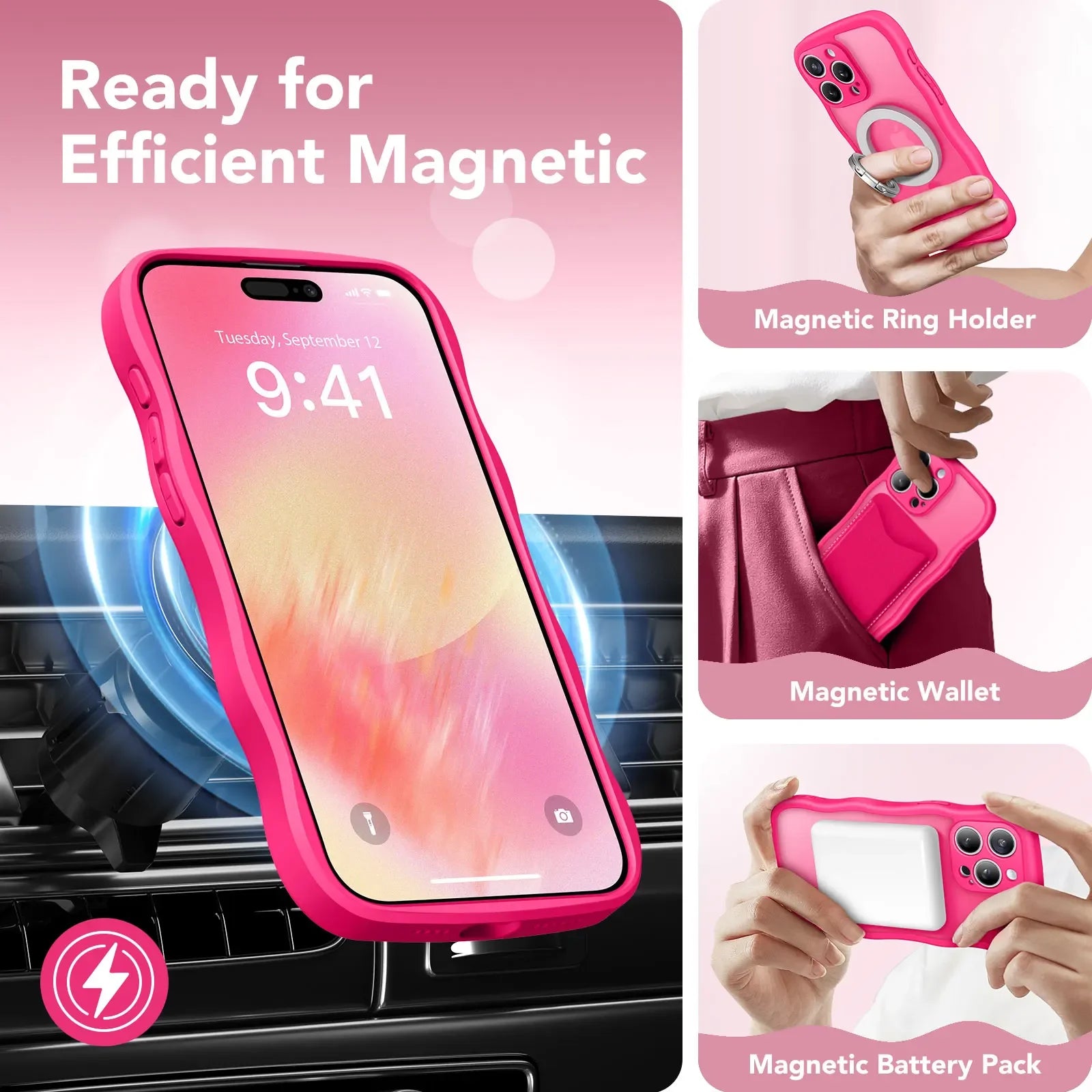 For iPhone 15 Pro Max Case Curly Wave Frame Shape Design Camera Protection Drop Shockproof Compatible with MagSafe Phone Case