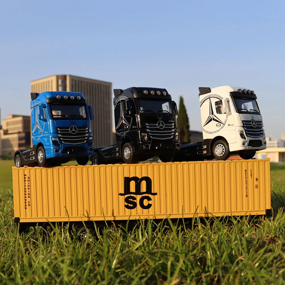 1:50 American Trailer Transport Vehicle Diecast Alloy Front End Container Truck Models Toys Sound Light Cars for Boys Xmas Gifts
