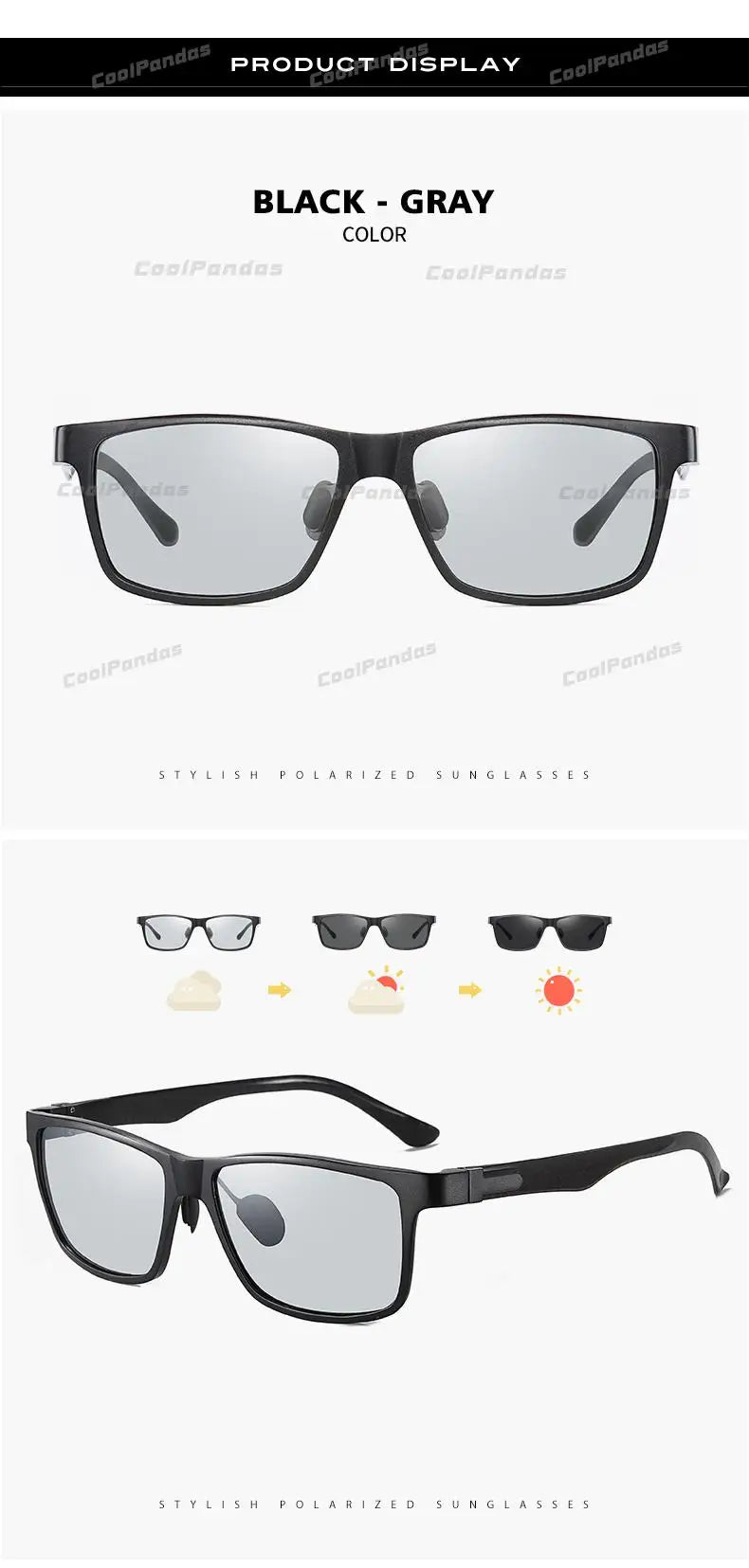 Carbon Fiber Square Photochromic Polarized UV400 Day Night Driving Sunglasses for Men Women