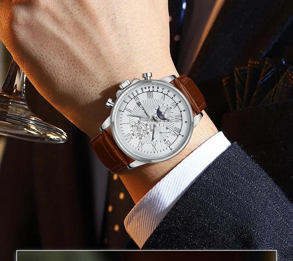 Watch Fashion Business Quartz Watch Sun, Moon and Star Multifunctional Luminous Waterproof Father's Day Gift