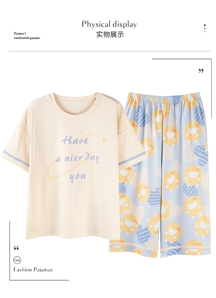 2-Pcs Women’s Cotton Pajama Set – Breathable Short Sleeve Summer Sleepwear with Cute Prints
