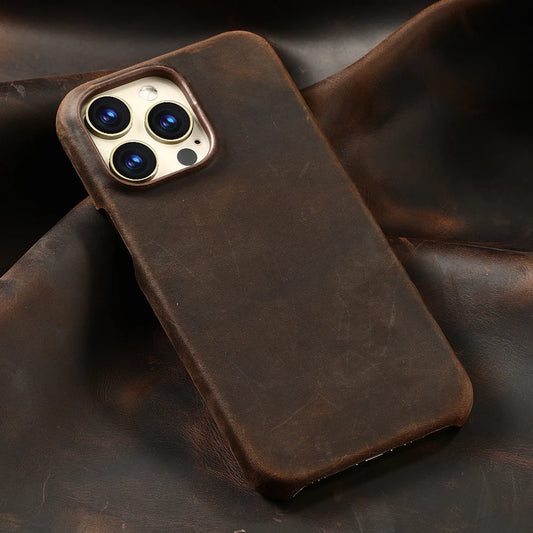 Retro Cowhide Phone Case for iPhone 16 15 14 Pro Max 16Pro 14Pro 15Pro Luxury Crazy Horse Genuine PULL-UP Leather Back Cover
