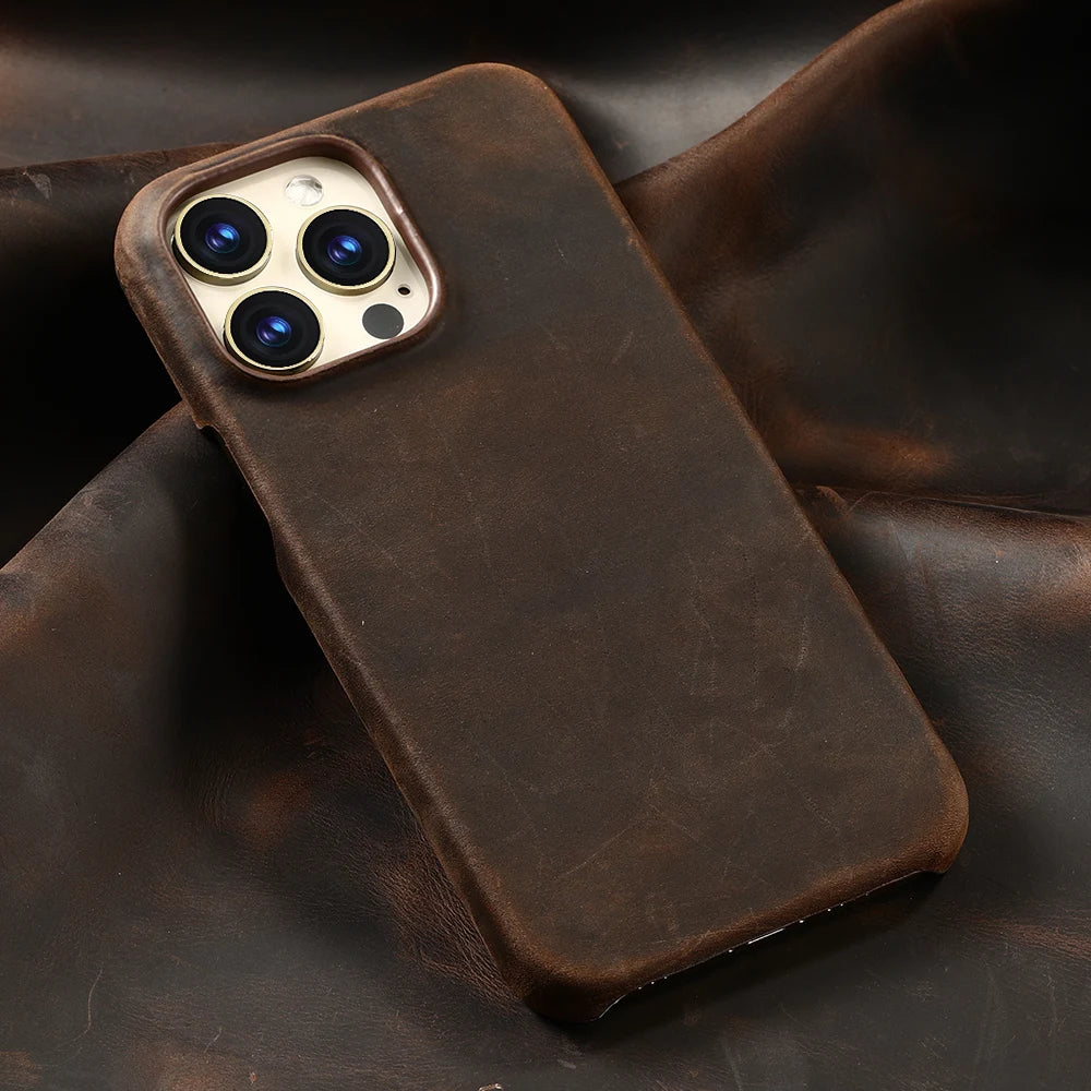 Retro Cowhide Phone Case for iPhone 16 15 14 Pro Max 16Pro 14Pro 15Pro Luxury Crazy Horse Genuine PULL-UP Leather Back Cover