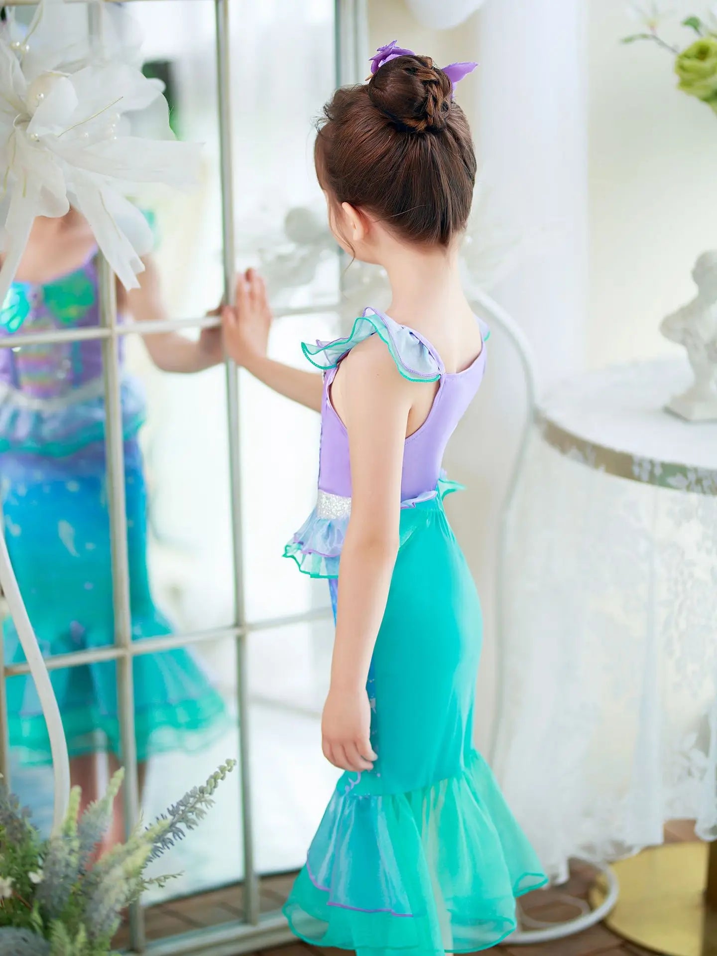 Mermaid Princess Dress for Girls - Summer flutter sleeves Sequin Tulle Dress Sparkling Ocean Themed Party Gown
