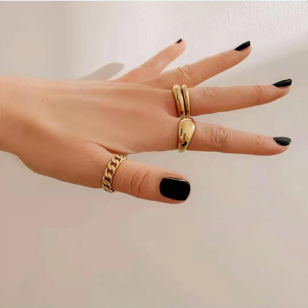 2pcs Punk Hip-hop Chunky Rings for Women Girls Trendy Geometric Circle Stack Gold Plated Ring