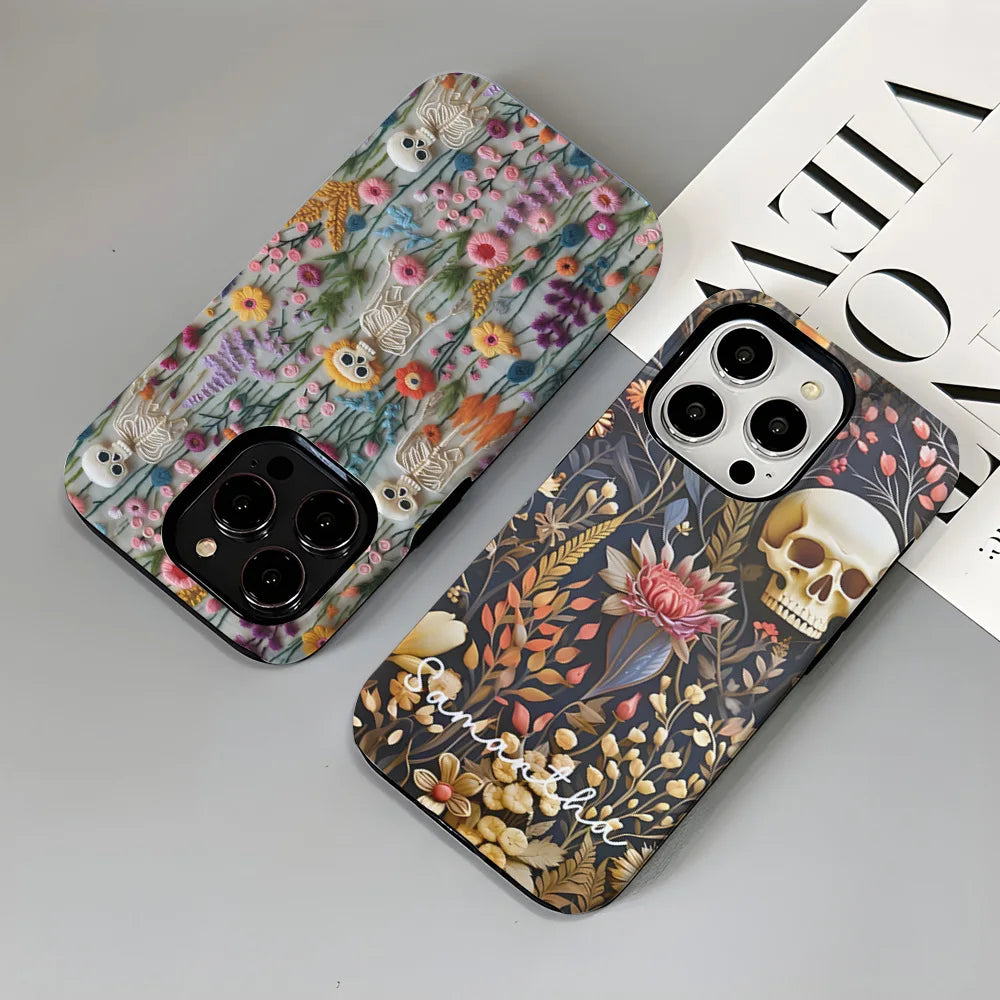 Fashion Embroidery Effect Skull Skeleton Phone Case For iPhone 16 15 Pro Max 16 Plus 2 in 1 Hard Protection Cover Funda
