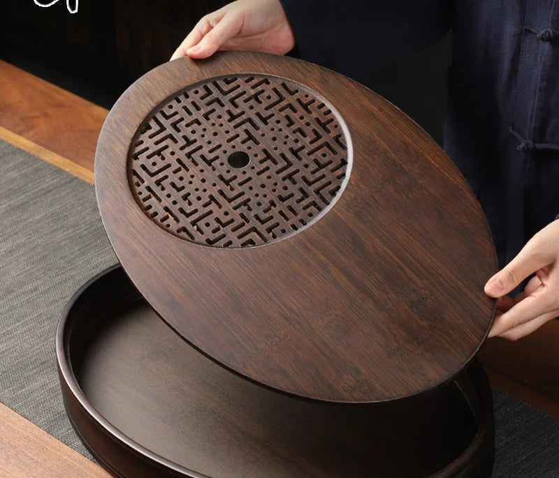 Chinese Tea Ceremony Culture Oval Tea Tray Natural Bamboo Hollow Drainage Storage Tea Tray Home Solid Wood Storage Tray