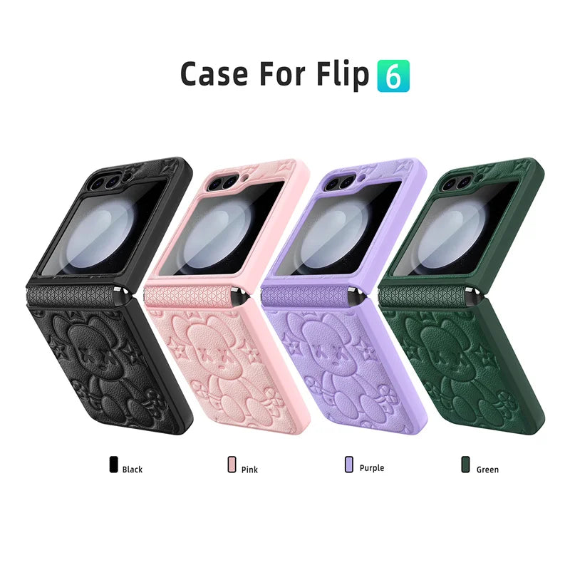 Cute Bear Folding Screen Phone Case For Samsung Z Flip 6 Folding Hinge Center Axis Case Film Integrated Phone Case