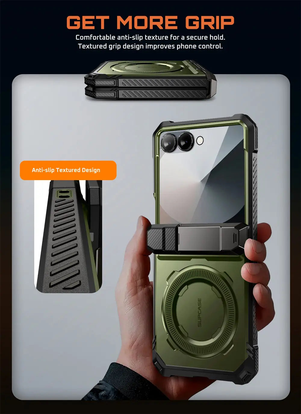 For Samsung Galaxy Z Flip 7 Case UB Grip Military-Grade Rugged Back Phone Case with Stand & Front Screen Protector