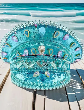 Blue Beach Elegant Burning Man Steampunk Top Hat, Captain Hat Rhinestone Woman, Cruise Party Caps for Man Original