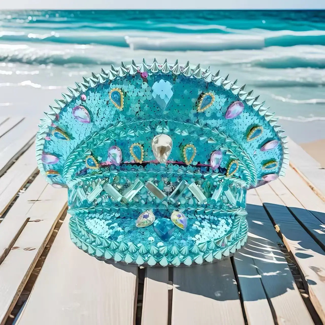 Blue Beach Elegant Burning Man Steampunk Top Hat, Captain Hat Rhinestone Woman, Cruise Party Caps for Man Original